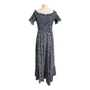 Lulus Blue White Maxi Dress Smocked M RD4309 High-Low Floral Ruffled